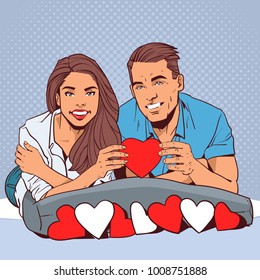 Happy Couple Holding Red Heart Smiling Man And Woman In Love Over Comic Pop Art Style Valentine Day Celebration Concept Vector Illustration