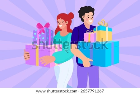Happy couple holding a stack of presents. Concept for a holiday, birthday, or anniversary celebration. Vector illustration of giving a surprise gift.