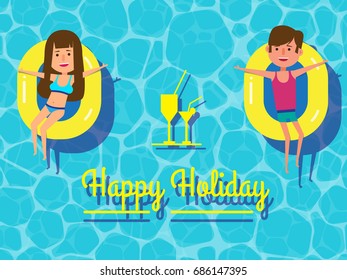 Happy couple holiday on swimming pool with cocktail. Couple happily spending holiday, enjoying honeymoon together floating on swimming pool. Healthy active lifestyle. Digital character illustration.