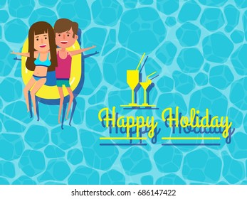 Happy couple holiday on swimming pool with cocktail. Couple happily spending holiday, enjoying honeymoon together floating on swimming pool. Healthy active lifestyle. Digital character illustration.