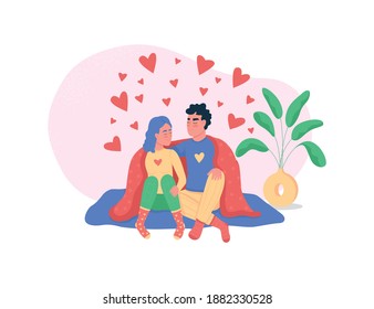 Happy couple at home 2D vector web banner, poster. Boyfriend and girlfriend hugging under cosy blanket flat characters on cartoon background. Valentine day printable patch, colorful web element