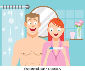 Happy couple at home responds with joy to a positive pregnancy test result
