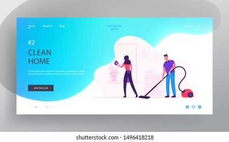 Happy Couple Homework Duties Website Landing Page. Man and Woman Cleaning House Together. Girl Wiping Window, Boy Vacuuming Floor in Living Room Web Page Banner. Cartoon Flat Vector Illustration