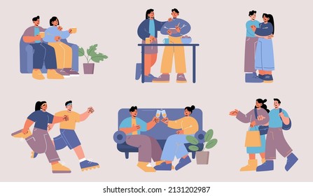 Happy couple hug, run, drink coffee and cook together. Vector flat illustration of love and romantic relationship with man and woman walking for shop, sitting on sofa with champagne glasses