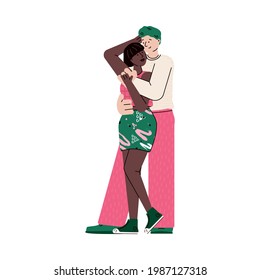 Happy couple hugging - cartoon people in love standing in spoon hug and smiling. Interracial pair of teenagers isolated on white background, flat vector illustration.