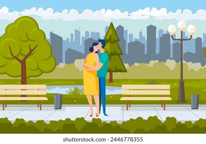 Happy couple hugging in city park. Young man and woman expecting baby flat vector illustration. Pregnancy, parenthood, love concept