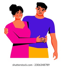 Happy couple hugging and cuddling. Friends. Romantic relationships.  Vector illustration of lovers and sweethearts or brother with sister