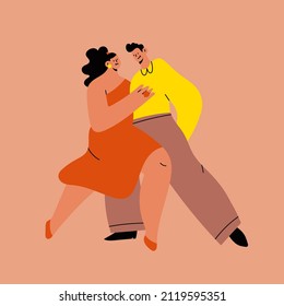 Happy Couple hugging and Dancing. Cartoon characters. Abstract people with small heads in dance movement. Dating, love, relationship, flirting, fun, passion concept. Hand drawn Vector illustration