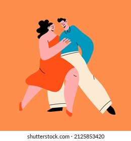 Happy Couple hugging and Dancing. Cartoon characters. Abstract people with small heads in dance movement. Dating, love, relationship, flirting, fun, passion concept. Hand drawn Vector illustration