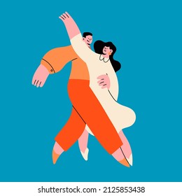 Happy Couple hugging and Dancing. Cartoon characters. Abstract people with small heads in dance movement. Dating, love, relationship, flirting, fun, passion concept. Hand drawn Vector illustration