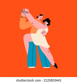 Happy Couple hugging and Dancing. Cartoon characters. Abstract people with small heads in dance movement. Dating, love, relationship, flirting, fun, passion concept. Hand drawn Vector illustration