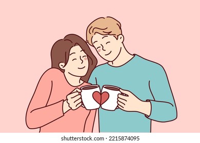 Happy couple hugging drinking coffee from lovers mugs. Smiling man and woman embrace enjoy morning tea from cute cups. Vector illustration. 