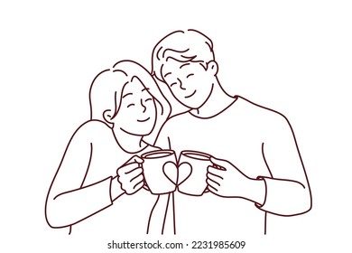 Happy couple hugging drinking coffee from lovers mugs. Smiling man and woman embrace enjoy morning tea from cute cups. Vector illustration. 