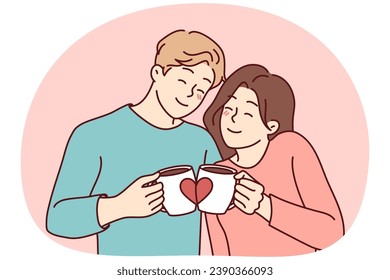 Happy couple hugging drinking coffee from lovers mugs. Smiling man and woman embrace enjoy morning tea from cute cups. Vector illustration.