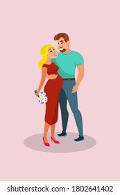 Happy couple are hugging each other. The girl is holding a bouquet of flowers. The family is waiting for the birth of a child.