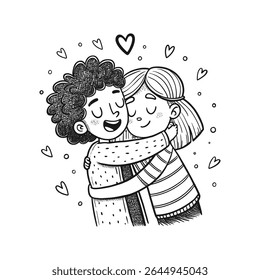Happy couple hugging each other surrounded by floating hearts – Vector Illustration