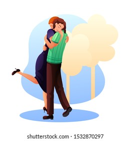 Happy couple hugging flat vector illustration. Young married pair, husband and wife cartoon characters. Girlfriend and boyfriend cuddling outdoors. Romantic relationship, dating, happiness