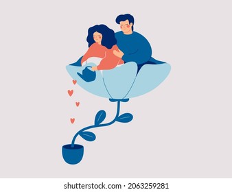 Happy couple hugging in the flower and watering it. Female caring for her husband with love. Wellbeing Relationships and mental health in the family. Vector illustration.