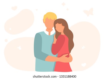 Happy couple hugging gently. Lovers vector style modern image. Girlfriend and boyfriend flat style design