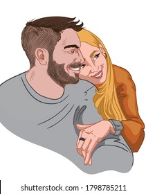 Happy couple hugging and looking away. Brunette man in gray sweater and blonde woman in orange jumper. Vector