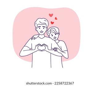 Happy couple hugging and making heart shape with hands. Love and Valentine's day concept. Vector illustration.