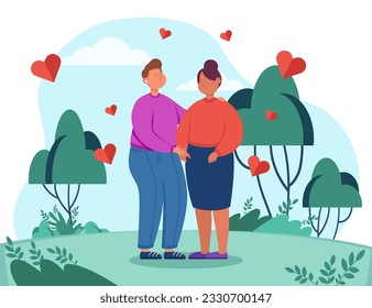 Happy couple hugging in nature vector illustration. Man and woman having date in park or forest, listening to music and supporting each other. Love, affection, relationship concept