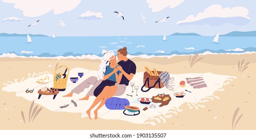 Happy couple hugging on picnic blanket at seaside. Young man and woman spending time together with wine and food at sandy beach. People resting and enjoying outdoor date. Flat vector illustration