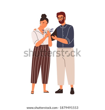Happy couple hugging at romantic date vector flat illustration. Smiling woman with flower bouquet gift from boyfriend isolated on white. Cute young enamored partners. Scene of tenderness in family