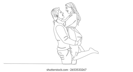 Happy Couple Hugging and Smiling – One Line Drawing of Romantic Moment