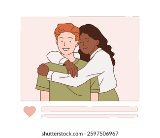 A happy couple hugging in a social media post interface. The woman embraces the man from behind. The background is light beige. Concept of love, relationships, and social media. Vector illustration