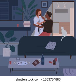 Happy couple hugging and talking after romantic dinner at home in the evening vector flat illustration. Smiling beloved man and woman spending time together at comfortable apartment