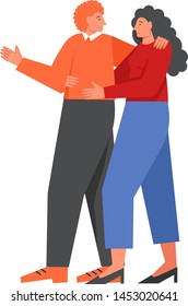 Happy couple hugging while walking along the street, vector flat style design illustration isolated on white background. Walk in the park concept for web banner, website page etc.