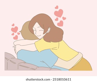 Feliz abraço de casal. Jovem mulher e homem abraçando. Abraçando o casal no amor. Desenhado à mão ilustração de vetor de personagem plano de desenho animado.