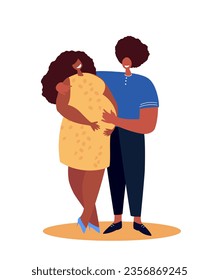 Happy couple hugging.Future Mother and father holding female pregnat belly.Loving Woman and man future parents.Happy motherhood,decree,parenting.Flat vector illustration isolated on white background