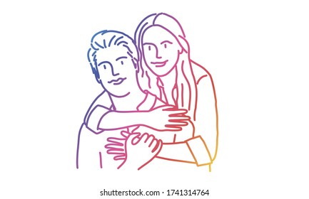 Happy couple hugs each other. Rainbow colors in linear vector illustration.