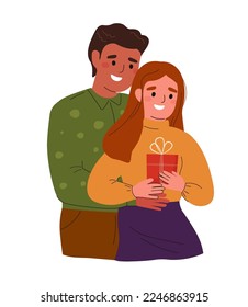 The happy couple hugs. The guy gave a gift to the girl. Congratulations on the holiday, Valentine's Day. Vector graphics.