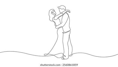 Happy Couple Hugs Trendy One Line Drawing. Single Line Wedding Couple Illustration. Minimalistic Black Lines Drawing. Continuous One Line Abstract Drawing. Modern Scandinavian Design. Vector