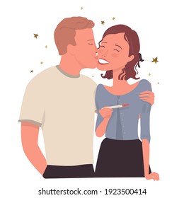 Happy couple, husband hugs his wife. A woman is holding a positive pregnancy test. Around the golden stars. Vector, cartoon illustration.