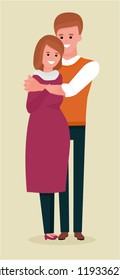 Happy couple, husband and pregnant wife. Vector cartoon flat illustration. Isolated on beige background.