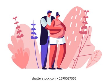 Happy Couple of Husband and Wife Prepare Become Parents. Man Embracing Pregnant Woman with Big Belly. Young Family Waiting Baby, Maternity, Fatherhood, Parenting Cartoon Flat Vector Illustration