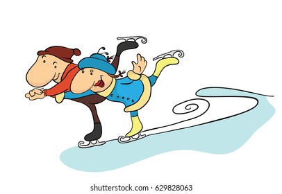 Happy couple ice skating, Man and woman, active rest in fresh air.