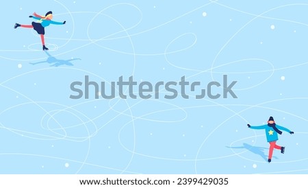 Happy couple Ice skating on rink outdoors vector illustration. Winter sports background.	