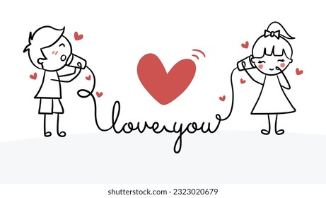 Happy couple illustration Cute couple Girl and boy Couple in love Love you love phone