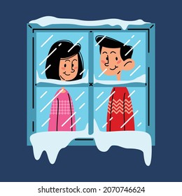 Happy Couple Inside A Snowy Window Flat Vector Illustration