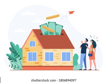 Happy couple investing money in property flat vector illustration. Cartoon characters taking bank credit and buying house. Mortgage loan and ownership concept