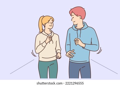 Happy couple jogging outdoors together. Smiling man and woman running follow healthy lifestyle. Sport and exercising. Vector illustration. 