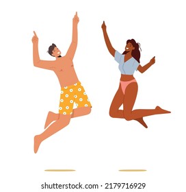 Happy Couple Jump, Rejoice Or Celebrate Beach Party. Smiling Young Man And Woman Enjoying Fun At Ocean Seaside. Honeymoon Trip, Family Or Friends On Summer Vacation. CartoonPeople Vector Illustration