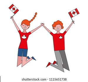 happy couple jumping with canadian flag