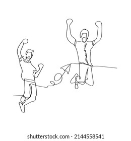 happy couple jumping. Continuous line drawing. Vector illustration on white background