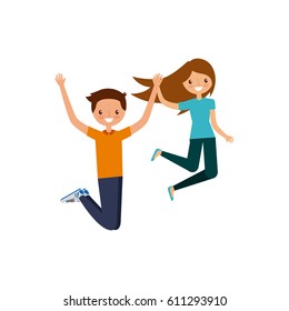 happy couple jumping over white background. colorful design. vector illustration